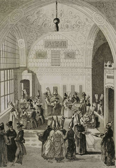Turkey. Constantinople (Today Istanbul). Dinner for a European ambassador at the Grand Vizier's court, in the imperial Council chamber, around year 1788. Engraving by Lemaitre, Lalaisse and Branche. Historia de Turquia by Joseph Marie Jouannin (1783-1844) and Jules Van Gaver, 1840.