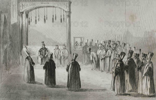 Turkey. Constantinople (Today Istanbul). Topkapi Palace. Audience Chamber. Audience of a European ambassador, 1788. Engraving by Lemaitre, Lalaisse and Chaillot. Historia de Turquia by Joseph Marie Jouannin (1783-1844) and Jules Van Gaver, 1840.