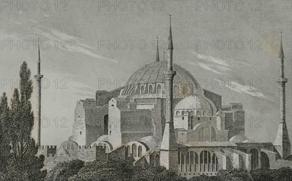Ottoman Empire era. Turkey. Constantinople (today Istanbul). Hagia Shopia. Byzantine Basilica converted into a mosque. Exterior view. Engraving by Lemaitre and Dumouxa. Historia de Turquia by Joseph Marie Jouannin (1783-1844) and Jules Van Gaver, 1840.