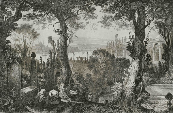 Ottoman Empire. Turkey. Constantinople (today Istanbul). Turkish cemetery. Engraving by Lemaitre, L. Thienon. Historia de Turquia by Joseph Marie Jouannin (1783-1844) and Jules Van Gaver, 1840.