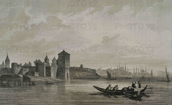 Ottoman Empire. Turkey. Constantinople (today Istanbul). Yedikule Fortress or "Fortress of the Seven Towers". Its construction was commissioned by Ottoman Sultan Mehmed II in 1458. Engraving by Lemaitre and J. Arnout. Historia de Turquia by Joseph Marie Jouannin (1783-1844) and Jules Van Gaver, 1840.