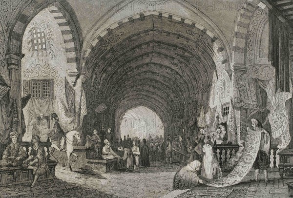 Ottoman Empire. Turkey. Constantinople (today Istanbul). The Bazaar. Engraving by Lemaitre. Historia de Turquia by Joseph Marie Jouannin (1783-1844) and Jules Van Gaver, 1840.