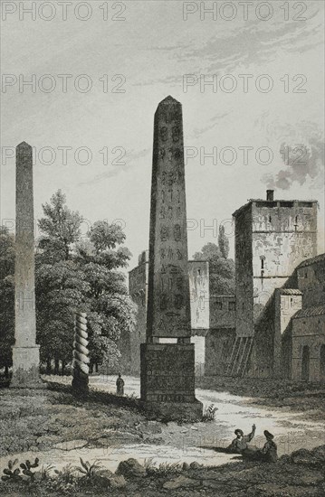 Ottoman Empire. Turkey. Hippodrome ruins. Serpent Column, Obelisk of Thutmose III and Walled Obelisk. The Hippodrome was a public arena mainly for chariot races. Engraving by Lemaitre, Vormser and Cholet. Historia de Turquia by Joseph Marie Jouannin (1783-1844) and Jules Van Gaver, 1840.
