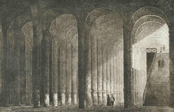 Ottoman Empire. Turkey. Constantinople (today Istanbul). Cistern of Philoxenos or Binbirdirek Cistern, The 1001 columns. It was constructed under a palace in the 5th century. Justinian I restored the cistern in the 6th century. Engraving by Lemaitre, and Arnout. Historia de Turquia by Joseph Marie Jouannin (1783-1844) and Jules Van Gaver, 1840.