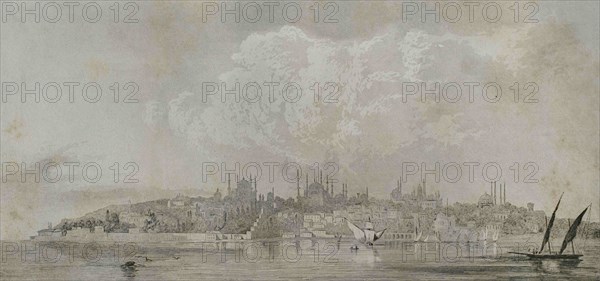 Ottoman Empire. Turkey. Constantinople. Panoramic view of Constantinople with the Seraglio Point. Engraving by Lemaitre. Historia de Turquia by Joseph Marie Jouannin (1783-1844) and Jules Van Gaver, 1840.
