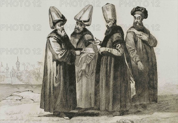 Turkey. Administration of the Ottoman Empire. From left to right: Grand Vizier, Kaim-Mekam, Reis Efendi and Khadjedhian, member of the Divan. Historia de Turquia, 1840. Engraving by Lemaitre, Lalaisse and Lesueur. Historia de Turquia by Joseph Marie Jouannin (1783-1844) and Jules Van Gaver, 1840.