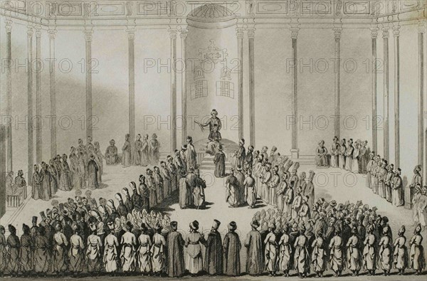 Ottoman Empire. Turkey. Court of the Grand Vizier. Engraving by Lemaitre, Lalaisse and Montaut. Historia de Turquia by Joseph Marie Jouannin (1783-1844) and Jules Van Gaver, 1840.