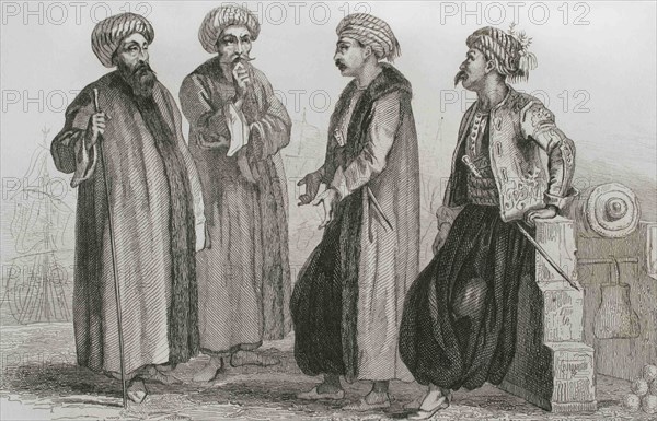 Ottoman Empire. Turkey. From left to right: Vice Admiral, Captain, Navy Officer and Sailor (ca. 1780). Engraving by Lemaitre, Lalaisse and Monnin. Historia de Turquia by Joseph Marie Jouannin (1783-1844) and Jules Van Gaver, 1840.