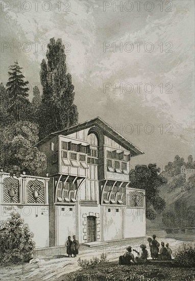 Ottoman Empire. Turkey. Turkish wooden pleasure house. Engraving by Lemaitre, Danvin and Lepetit. Historia de Turquia by Joseph Marie Jouannin (1783-1844) and Jules Van Gaver, 1840.