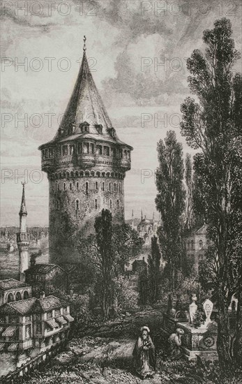 Ottoman Empire. Turkey. Constantinople (today Istanbul). Galata Tower or Tower of Christ. It was buit in 1348 during an expansion of the Genoese colony in Constantinople. Engraving by Lemaitre and Thienon. Historia de Turquia by Joseph Marie Jouannin (1783-1844) and Jules Van Gaver, 1840.