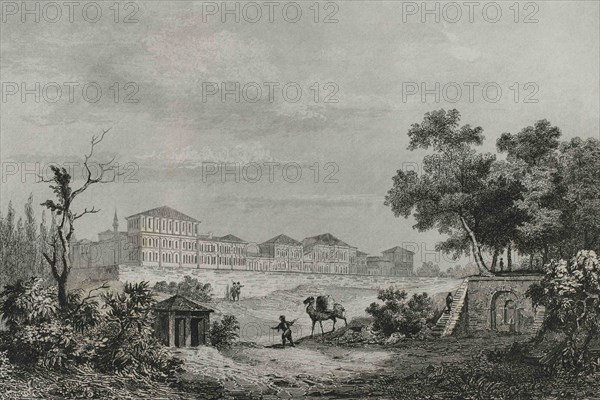 Ottoman Empire. Turkey. Beyoglu. Burial ground or Champs des Morts Barracks at Pera. Engraving by Lemaitre and Blanchard. Historia de Turquia by Joseph Marie Jouannin (1783-1844) and Jules Van Gaver, 1840.