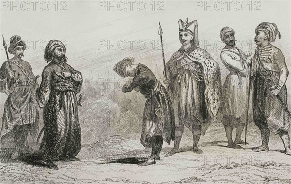 Turkey. Ottoman Empire. Turkish army troops. From left to right: Chatir, Pasha, militiaman, Harbagi, Egyptian soldier and another militiaman. Engraving by Lemaitre, Lalaisse and Chaillot. Historia de Turquia by Joseph Marie Jouannin (1783-1844) and Jules Van Gaver, 1840.
