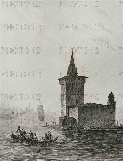 Ottoman Empire. Turkey. Constantinople (today Istanbul). Maiden's Tower or Leander's Tower (Kiz Kulesi). It was erected on a small islet at the Southern entrance of the Bosphorus strait in 1725. Engraving by Lemaitre and Arnout. Historia de Turquia by Joseph Marie Jouannin (1783-1844) and Jules Van Gaver, 1840.