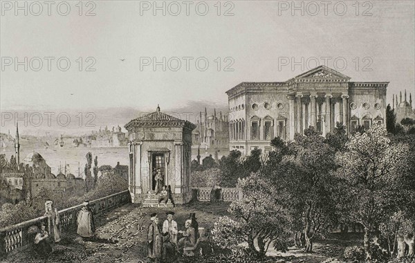 Ottoman Empire. Turkey. Constantinople (today Istanbul). Panoramic from one of the terraces of the French Palace, near the Palace of Venice. Engraving by Lemaitre and L. Thienon. Historia de Turquia by Joseph Marie Jouannin (1783-1844) and Jules Van Gaver, 1840.