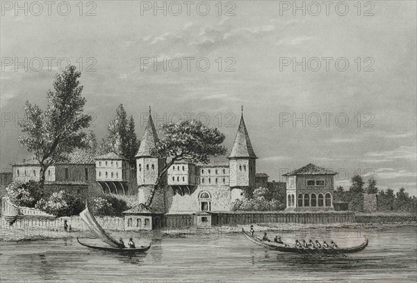 Turkey. Constantinople (today Istanbul). Topkapi Palace or Seraglio (Royal residence) from the Golden Horn. Engraving by Lemaitre, Fleury and Lalaisse. Historia de Turquia by Joseph Marie Jouannin (1783-1844) and Jules Van Gaver, 1840.