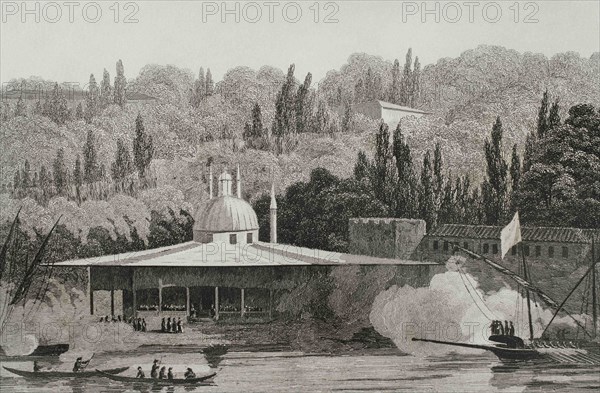 Ottoman Empire. Turkey. Kiosk of the Gunsmiths (Djebedjiler-Kiochky).  Engraving by Lemaitre, Arnout and Cholet.  Historia de Turquia by Joseph Marie Jouannin (1783-1844) and Jules Van Gaver, 1840.