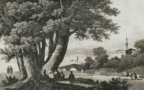 Ottoman Empire. Turkey. 40 plane trees of Godfrey of Bouillon. Prairie of Buyukdere. According to tradition the field tent of Godfrey of Bouillon was installed next to the tree during the camping of the first crusade. Engraving by Lemaitre, David and S. Cholet. Historia de Turquia by Joseph Marie Jouannin (1783-1844) and Jules Van Gaver, 1840.