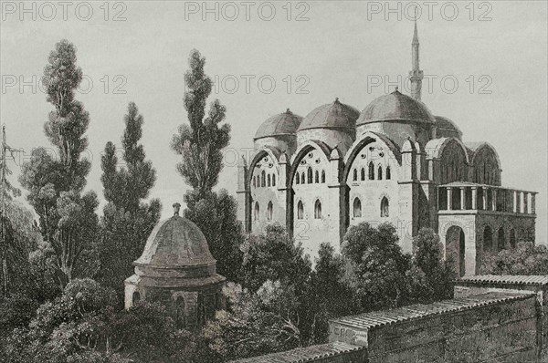 Ottoman Empire. Turkey. Constantinople (today Istanbul). Piyale Pasha Mosque, also known as Tersana Mosque, and its gardens. 16th century. Engraving by Lemaitre, Vormser and Cholet. Historia de Turquia by Joseph Marie Jouannin (1783-1844) and Jules Van Gaver, 1840.