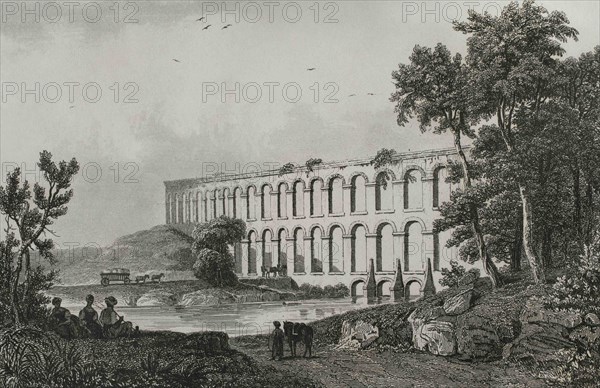 Ottoman Empire. Turkey. Constantinople (today Istanbul). The aqueduct of Uzunkemer near Belgrade Forest. It is an Ottoman aqueduct bridge on the northern branch of the Kirkcesme Supply System completed in 1563. Engraving by Lemaitre, Danvin and Cholet. Historia de Turquia by Joseph Marie Jouannin (1783-1844) and Jules Van Gaver, 1840.