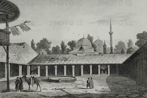 Ottoman Empire period. Caravanserai in Burgas (today territory of Bulgaria). Couryard of the Caravanserai, resting place for travelers. Engraving by Lemaitre, Vormser and Cholet. Historia de Turquia by Joseph Marie Jouannin (1783-1844) and Jules Van Gaver, 1840.