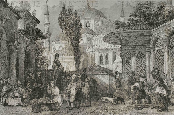 Ottoman Empire. Turkey. Constantinople (today Istanbul). Exterior view of the Sehzade Mosque, 16th century. Ottoman era mosque located in the Fatih district. Suleyman the Magnificent comissioned its construction to Mimar Sinan to commemorate his son Sehzade Mehmed. Engraving by Lemaitre. Historia de Turquia by Joseph Marie Jouannin (1783-1844) and Jules Van Gaver, 1840.
