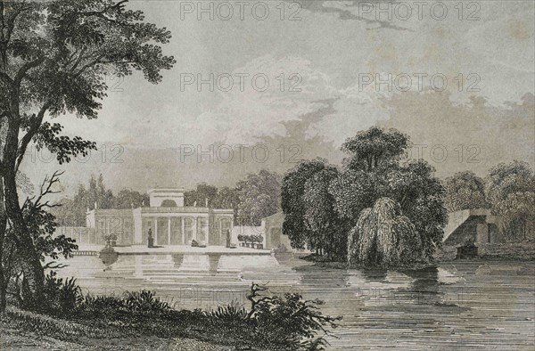 Poland, Warsaw. Royal Baths Park. View of the Palace on the Isle. Engraving by Lemaitre, Vormser and Lepetit. History of Poland, by Charles Foster. Panorama Universal, 1840.
