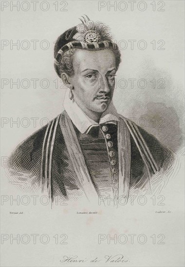 Henry III of France (1551-1589). King of France (1574-1589),  king of Poland and Grand Duke of Lithuania (1573-1575). House Valois-Angouleme. Portrait. Engraving by Lemaitre, Vernier and Laderer. History of Poland, by Charles Foster. Panorama Universal, 1840.