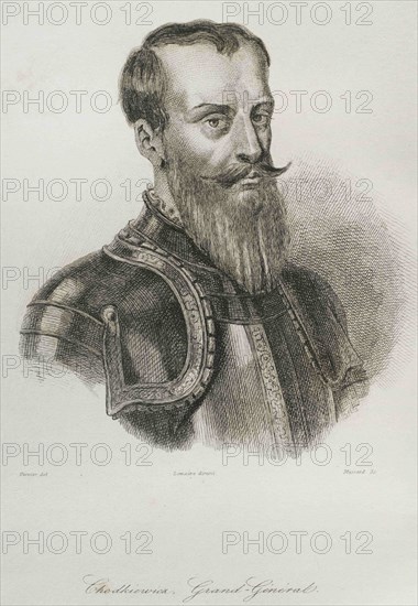 Jan Karol Chodkiewicz (1560-1621). Military commander of the  Polish-Lithuanian Commonwealth army. Portrait. Engraving by Lemaitre, Vernier and Massard.  History of Poland by Charles Foster. Panorama Universal, 1840.