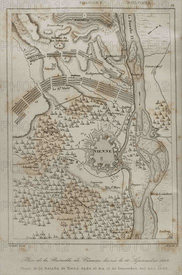 Holy Roman Empire. Plan of the Battle of Vienna, 12 September 1683. It took place at Kahlenberg Mountain, near Vienna, ather the city had been besieged by the Ottoman Empire during two months. The battle was fought by the Holy Roman Empire led by the Habsburg Monarchy, and the Polish-Lithuanian Commonwealth, both under the command of King John III Sobieski, against the Ottomans. The result was a victory for the first. Engraving by Lemaitre and Bigant. History of Poland, by Charles Foster. Panorama Universal, 1840.