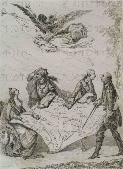 Partitions of Poland. The First Partition of Poland. It was decided on August 5, 1772. The agreement was signed in Vienna in February 1772. The partition was conducted by the Habsburg Monarchy, the Kingdom of Prussia and the Russian Empire. Allegory of the First Partition of Poland: on the left Catherine II of Russia; at the right are Joseph II of Austria and Frederick II of Prussia, quarrelling over their territorial seizures. Engraving by Lemaitre, Vernier and Chaillot after the allegorical drawing titled "The Troelfth Cake" by Jean-Michael Moreau. History of Poland, by Charles Foster. Panorama Universal, 1840.