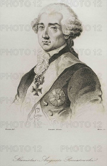 Stanislaw II Augustus (1732-1798). King of Poland and Grand Duke of Lithuania (1764-1795). He was the last monarch of the Polish-Lithuanian Commonwealth. Portrait. Engraving by Lemaitre, Vernier and Millot. History of Poland, by Charles Foster. Panorama Universal, 1840.