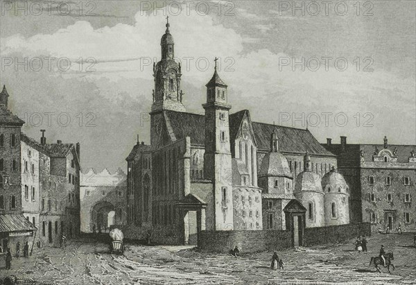 Poland, Krakow. Wawel Cathedral. Polish national sanctuary. It has traditionally served as coronation site of the Polish monarchs. Engraving by Lemaitre and Dumouza. History of Poland, by Charles Foster. Panorama Universal, 1840.