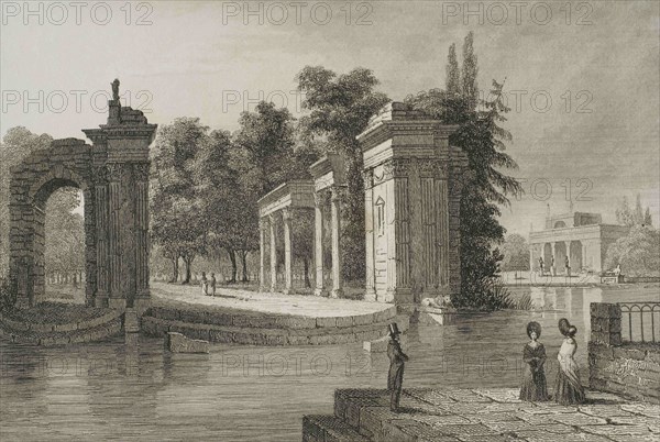 Poland, Warsaw. Lazienki Park. The Royal Bath. Ancient Roman-style amphitheatre, building that was erected after the redesign of the estate by Stanislaw August Poniatowski, in the mid-18th century. Engraving by Lemaitre and Cholet. History of Poland, by Charles Foster. Panorama Universal, 1840.
