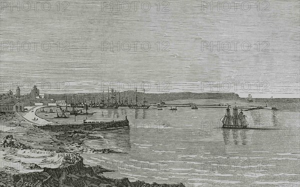 Spain. Panoramic of the Grao of Valencia. Illustration by Caula. Engraving, 19th century. Cronica General de España. Historia Ilustrada y Descriptiva de sus Provincias. Valencia, 1867.