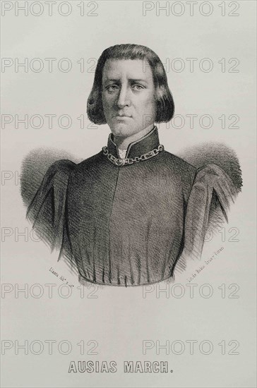 Ausias March (1397-1459. Valencian poet.  Portrait. Illustration by Llanta. Lithography. Cronica General de España. Historia Ilustrada y Descriptiva de sus Provincias. Valencia, 1867.