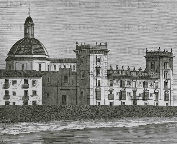 Spain, Valencia. Saint Pius V School (Colegio de San Pio V). Illustration by Fuentes. Engraving by Sierra. Cronica General de España. Historia Ilustrada y Descriptiva de sus Provincias. Valencia, 1867.