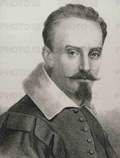 Francisco Ribalta (1565-1628). Spanish Baroque painter. Illustration by Llanta. Portrait detail. Lithography. Cronica General de España. Historia Ilustrada y Descriptiva de sus Provincias. Valencia, 1867.