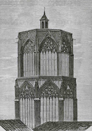 Spain, Valencia. Lantern tower of the Cathedral. Engraving by Sierra, 19th century. Cronica General de España. Historia Ilustrada y Descriptiva de sus Provincias. Valencia, 1867.