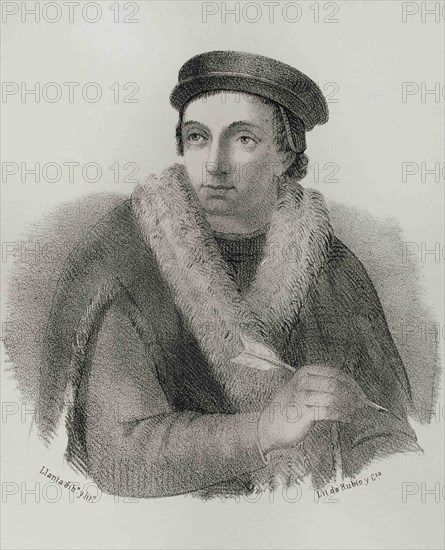 Juan Luis Vives (1492-1540). Spanish humanist and philosopher. Portrait. Illustration by Llanta, detail. Lithography. Cronica General de España. Historia Ilustrada y Descriptiva de sus Provincias. Valencia, 1867.