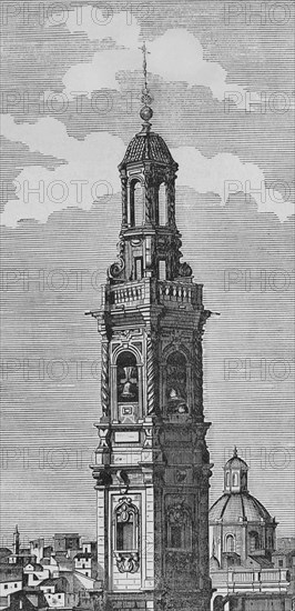 Spain, Valencia. Santa Catalina Tower. It was built in the 17th century in Baroque style. Engraving, 19th century. Cronica General de España. Historia Ilustrada y Descriptiva de sus Provincias. Valencia, 1867.