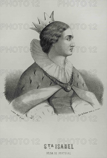 Saint Elizabeth of Portugal (1271-1336). Queen consort of Portugal, wife of King Dinis (Denis) of Portugal. Portrait. Illustration by Llanta, detail. Cronica General de España. Historia Ilustrada y Descriptiva de sus Provincias. Valencia, 1867.