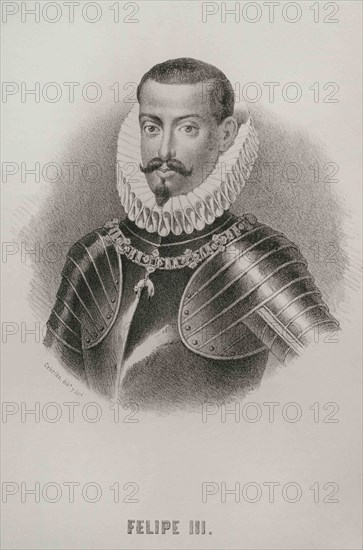 Philip III (1578-1621). King of Spain (1598-1621) and also, as Philip II, King of Portugal, Naples, Sicily and Sardinia. Portrait, 19th century. Illustration by Cebrian. Lithography. Cronica General de España. Historia Ilustrada y Descriptiva de sus Provincias. Valencia, 1867.