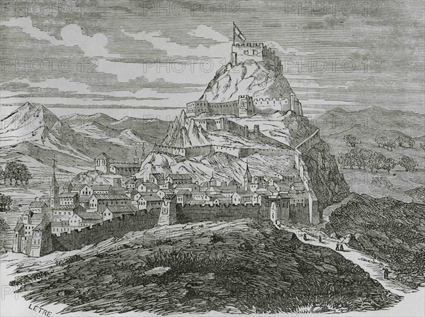 Spain, Castellon province, Morella. Panoramic of te town. Illustration by Letre. Engraving by Capuz, 19th century. Cronica General de España. Historia Ilustrada y Descriptiva de sus Provincias. Valencia, 1867.