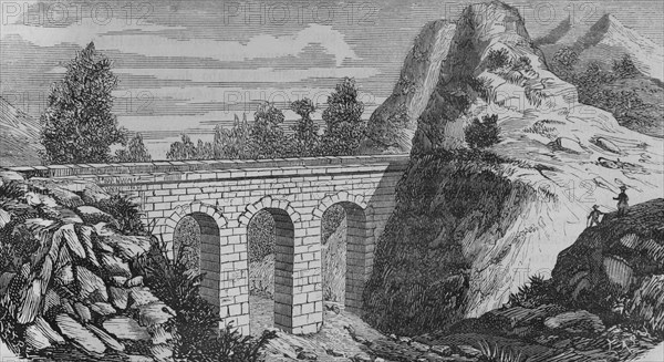 Spain, Valencia province. Peña Cortada Aqueduct. Near Chelva. The aqueduct dates from the end of the 1st or the beginning of the 2nd century. Engraving by Capuz, 19th century. Illustration by Letre. Cronica General de España. Historia Ilustrada y Descriptiva de sus Provincias. Valencia, 1867.