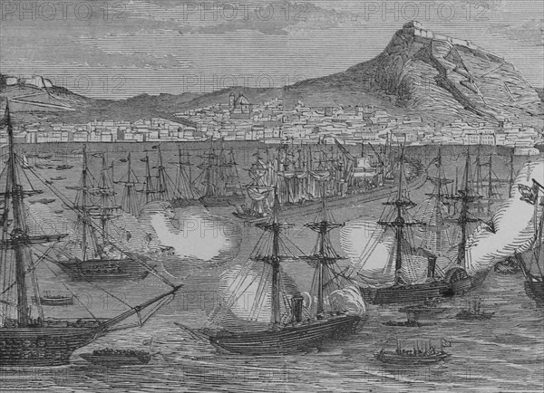 Spain, Alicante. Panoramic of the city and the harbour. Engraving, 19th century. Cronica General de España. Historia Ilustrada y Descriptiva de sus Provincias. Valencia, 1867.