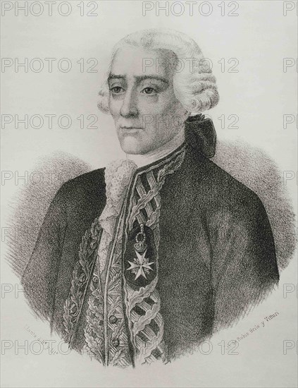 Jorge Juan y Santacilia (1713-1773). Spanish naval officer and scientist. Portrait, 19th century. Illustration by Llanta. Lithography. Cronica General de España. Historia Ilustrada y Descriptiva de sus Provincias. Valencia, 1867.