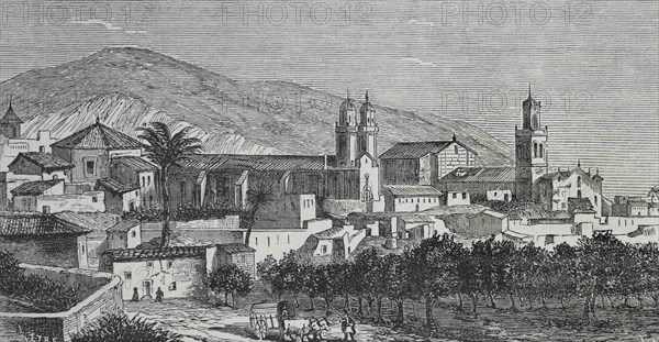 Spain, Alicante province, Orihuela. Panoramic of the town. Illustration by Letre. Engraving by Capuz, 19th century. Cronica General de España. Historia Ilustrada y Descriptiva de sus Provincias. Valencia, 1867.