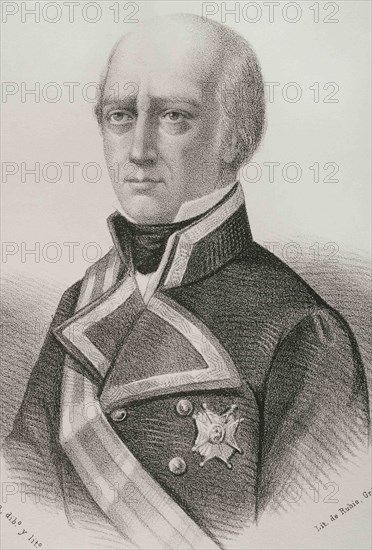 Francisco Javier Rovira Fernandez de Mesa (1740-1823). Spanish mariner and writer. Lieutenant General of Spanish Armada. Portrait, 19th century. Illustration by Llanta. Lithography. Cronica General de España. Historia Ilustrada y Descriptiva de sus Provincias. Valencia, 1867.