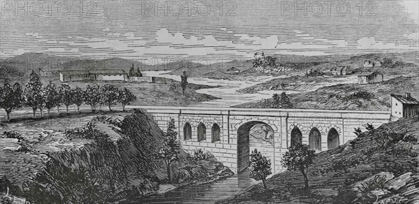 Spain, Alicante province, Alcoy. Panoramic of the Maria Cristina Bridge, over the riverbed of the River Riquer. It was constructed in medieval style between 1828 and 1838. It was named Maria Cristina in homage to Maria Cristina Borbon Dos Sicilias, the fourth wife of King Fernando VII. Engraving by Capuz, 19th century. Illustration by Letre. Cronica General de España. Historia Ilustrada y Descriptiva de sus Provincias. Valencia, 1867.