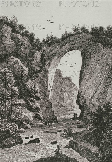 United States. Natural bridge in Virginia. Engraving by Milbert. Panorama Universal. History of the United States of America, from 1st edition of Jean B.G. Roux de Rochelle's Etats-Unis d'Amérique in 1837. Spanish edition, printed in Barcelona, 1850.